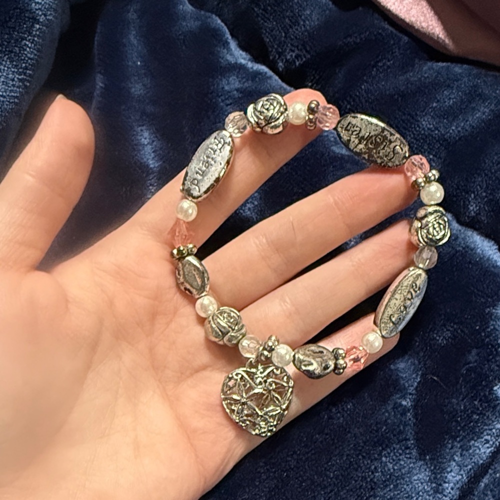 Silver and Pink Beaded Bracelet with Heart Charm